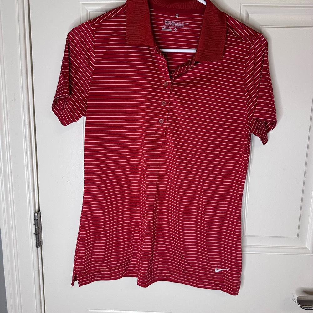 Nike Red and White Fitted Polo Button Down
